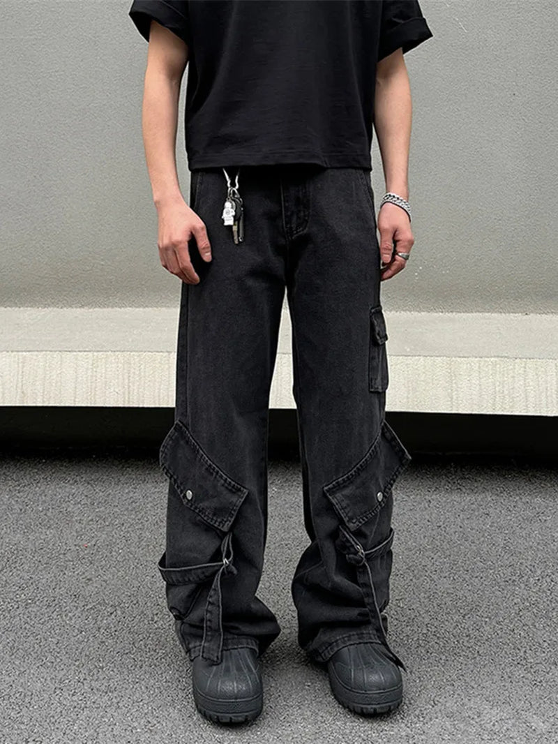 2024 Cyber Y2K Streetwear Black Multi Pockets Baggy Jeans Cargo Pants for Men Designer Clothes Straight Trousers Pantalon Homme