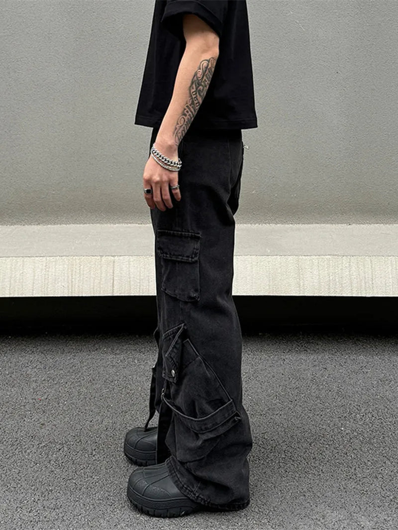 2024 Cyber Y2K Streetwear Black Multi Pockets Baggy Jeans Cargo Pants for Men Designer Clothes Straight Trousers Pantalon Homme