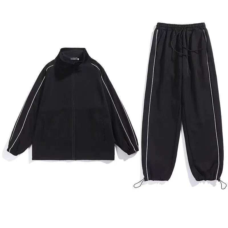 Korean Fashion Black Track Men Tracksuit Hip Hop Casual Reflective Stripe Varsity Jacket +Sweatpants Two-Piece Thicken Clothing